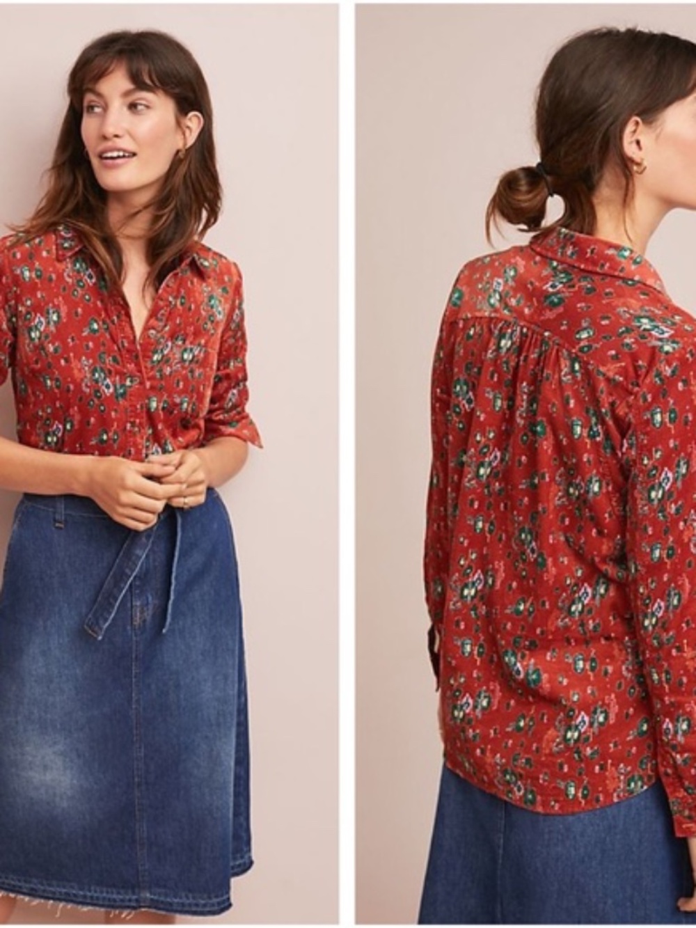 Anthropologie Heart of Building Retro Tribal Corduroy Button Front Shirt US 4